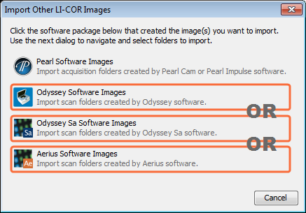 Image Studio 5.0 Import Other LI-COR Images dialog with Odyssey Application Software, Odyssey Sa Software, and Aerius Software in orange boxes